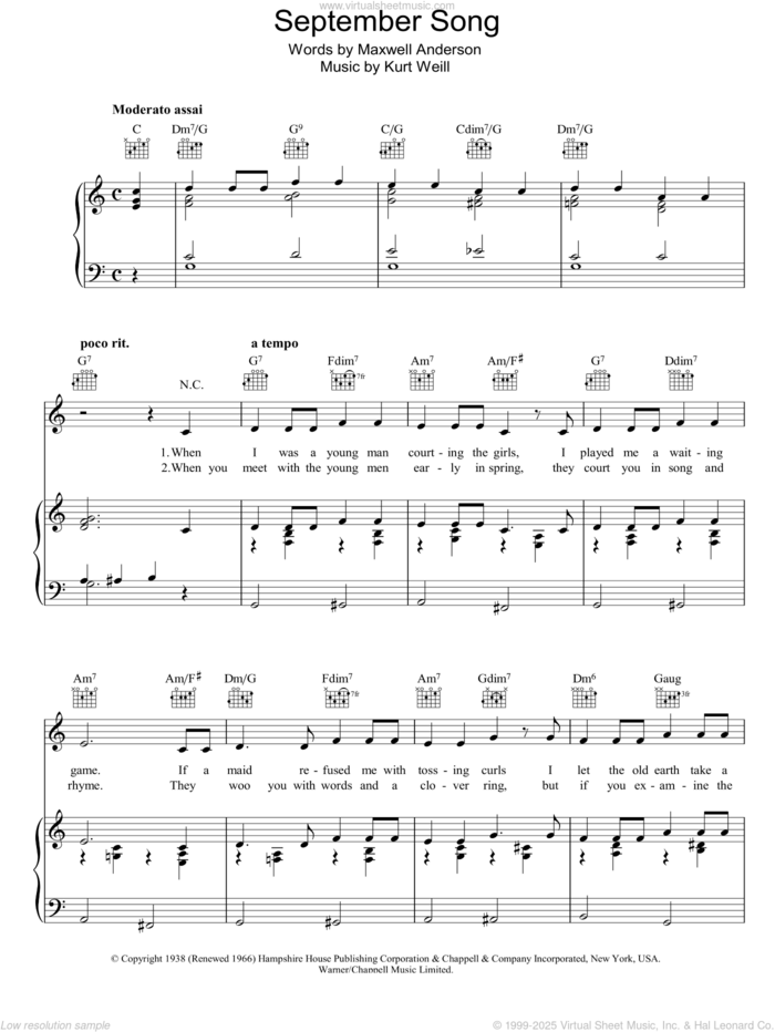 September Song sheet music for voice, piano or guitar by Kurt Weill and Maxwell Anderson, intermediate skill level