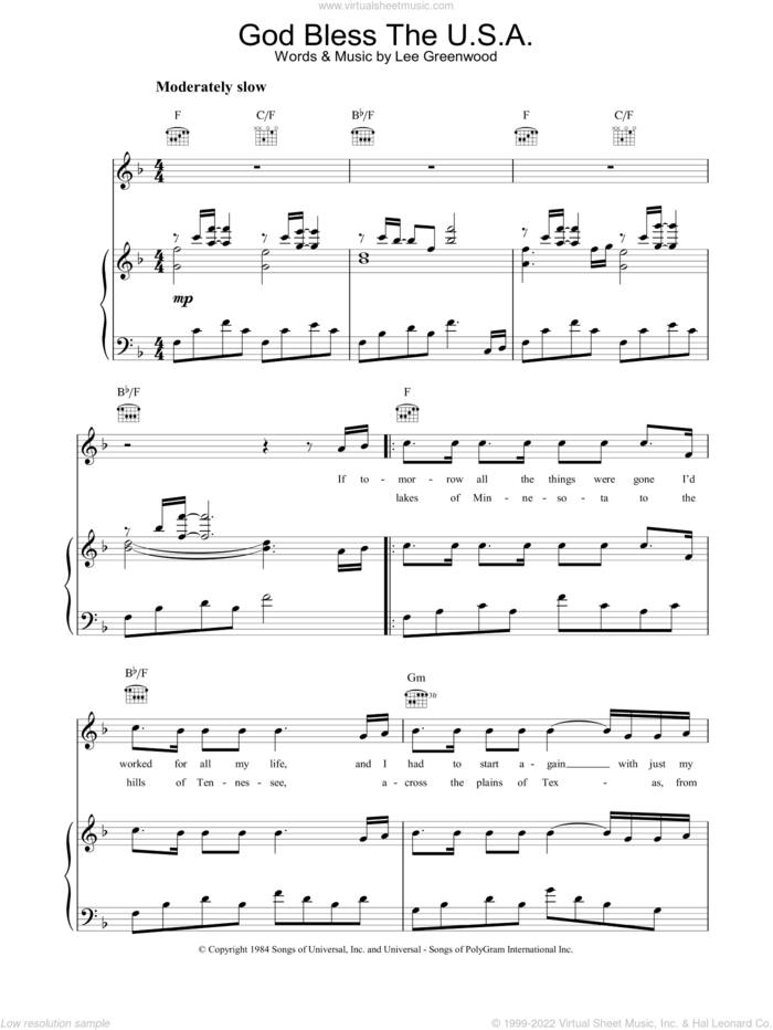 God Bless The U.S.A. sheet music for voice, piano or guitar by Lee Greenwood, intermediate skill level