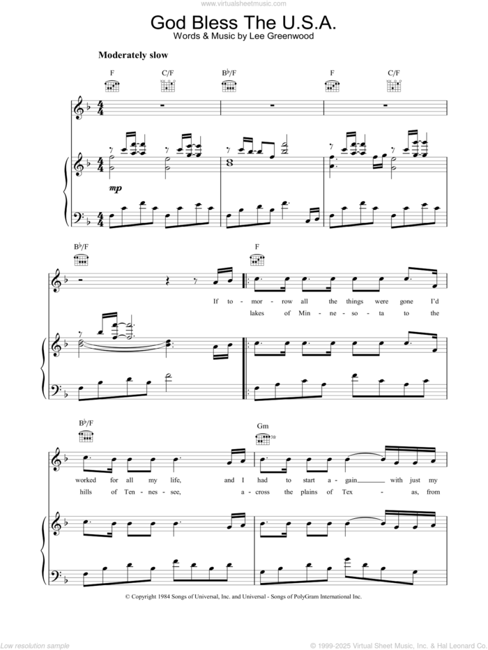 God Bless The U.S.A. sheet music for voice, piano or guitar by Lee Greenwood, intermediate skill level