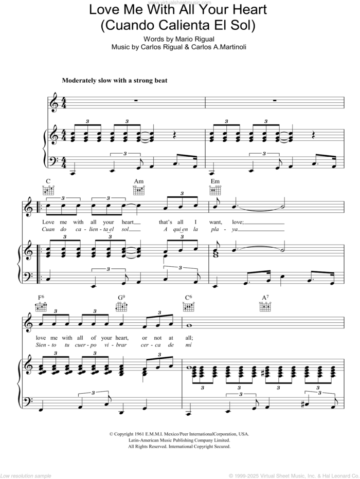 Love Me With All Your Heart (Cuando Calienta El Sol) sheet music for voice, piano or guitar by Petula Clark, Carlos A. Martinoli, Carlos Rigual and Mario Rigual, intermediate skill level