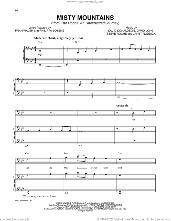 Misty Mountains (from The Hobbit: An Unexpected Journey) sheet music for voice, piano or guitar by Richard Armitage, David Donaldson, David Long, Frances Walsh, Janet Roddick, Philippa Boyens and Stephen Roche, intermediate skill level