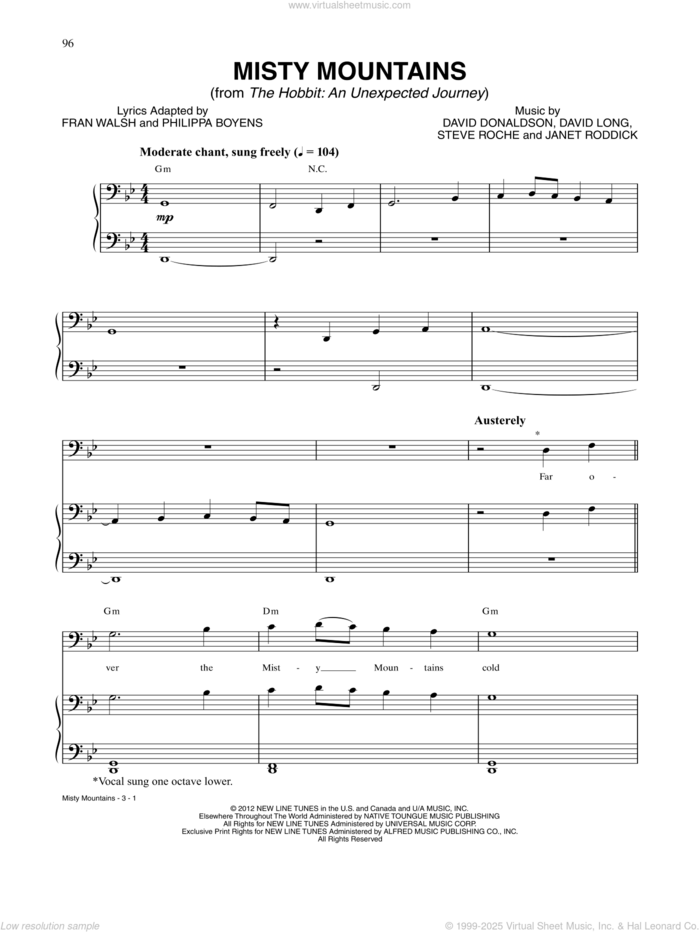 Misty Mountains (from The Hobbit: An Unexpected Journey) sheet music for voice, piano or guitar by Richard Armitage, David Donaldson, David Long, Frances Walsh, Janet Roddick, Philippa Boyens and Stephen Roche, intermediate skill level