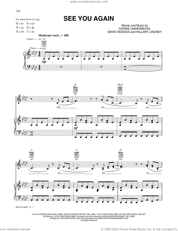 See You Again sheet music for voice, piano or guitar by Carrie Underwood, David Hodges and Hillary Lindsey, intermediate skill level