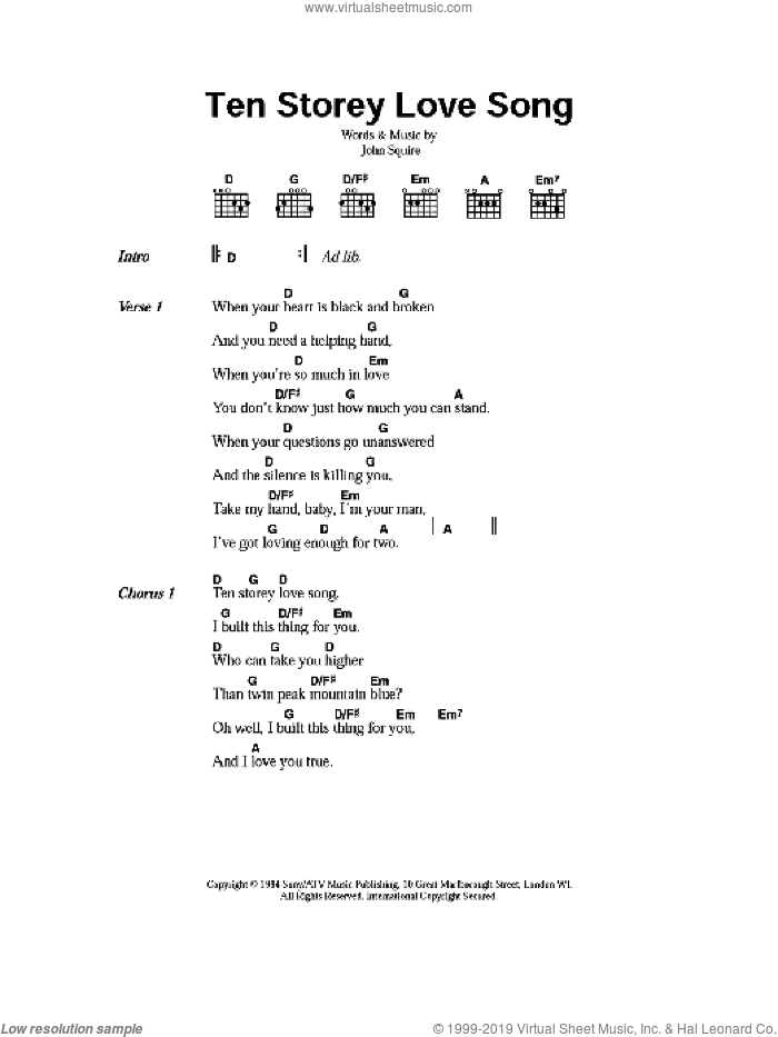 Ten Storey Love Song sheet music for guitar (chords) by The Stone Roses and John Squire, intermediate skill level