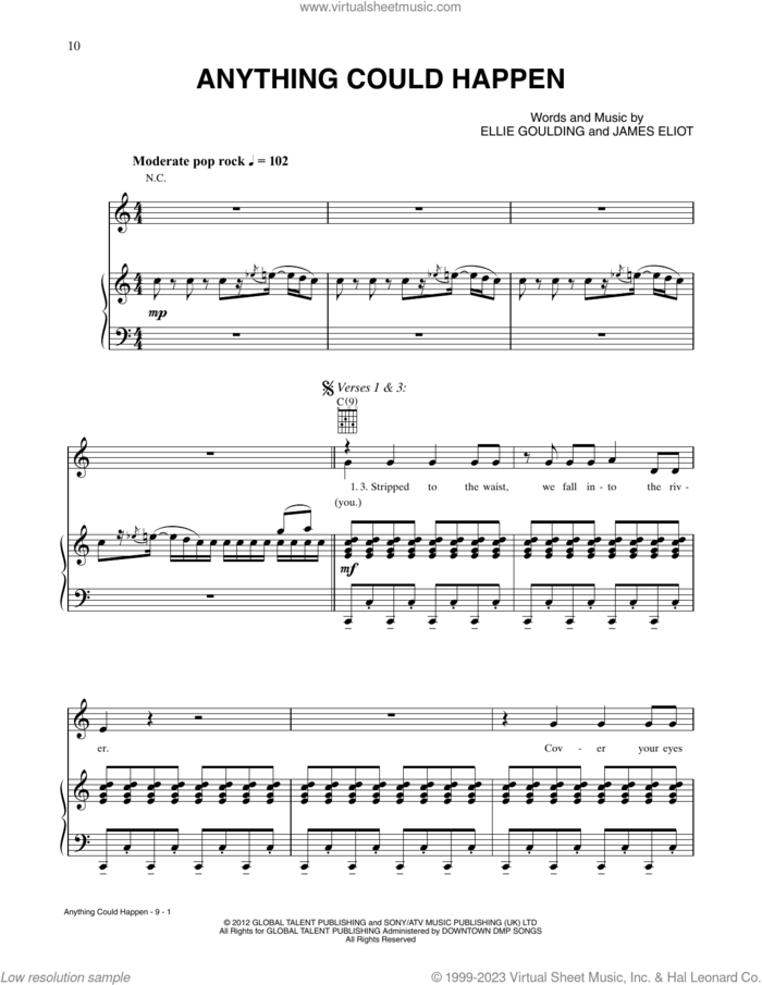 Anything Could Happen sheet music for voice, piano or guitar by Ellie Goulding and James Eliot, intermediate skill level