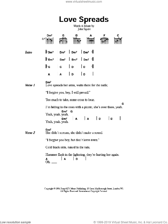 Love Spreads sheet music for guitar (chords) by The Stone Roses and John Squire, intermediate skill level