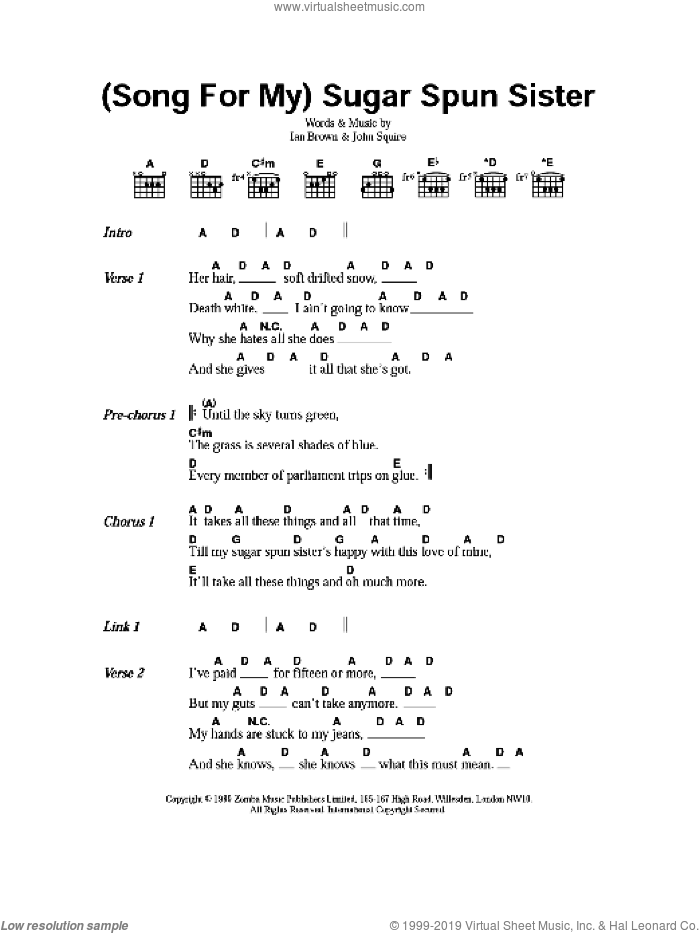 (Song For My) Sugar Spun Sister sheet music for guitar (chords) by The Stone Roses, Ian Brown and John Squire, intermediate skill level