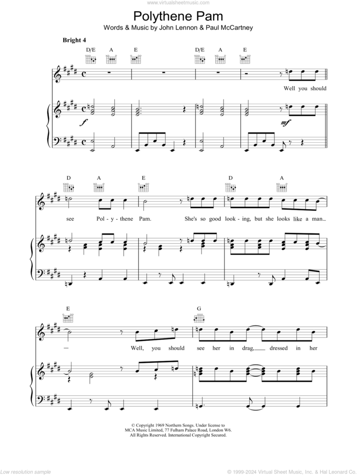 Polythene Pam sheet music for voice, piano or guitar by The Beatles, John Lennon and Paul McCartney, intermediate skill level