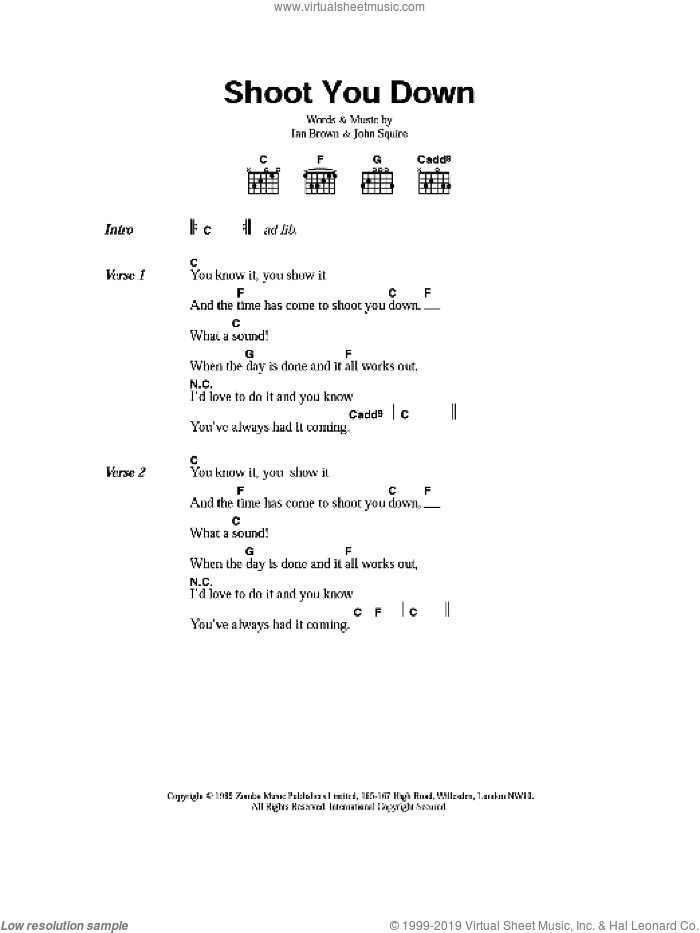 Shoot You Down sheet music for guitar (chords) by The Stone Roses, Ian Brown and John Squire, intermediate skill level