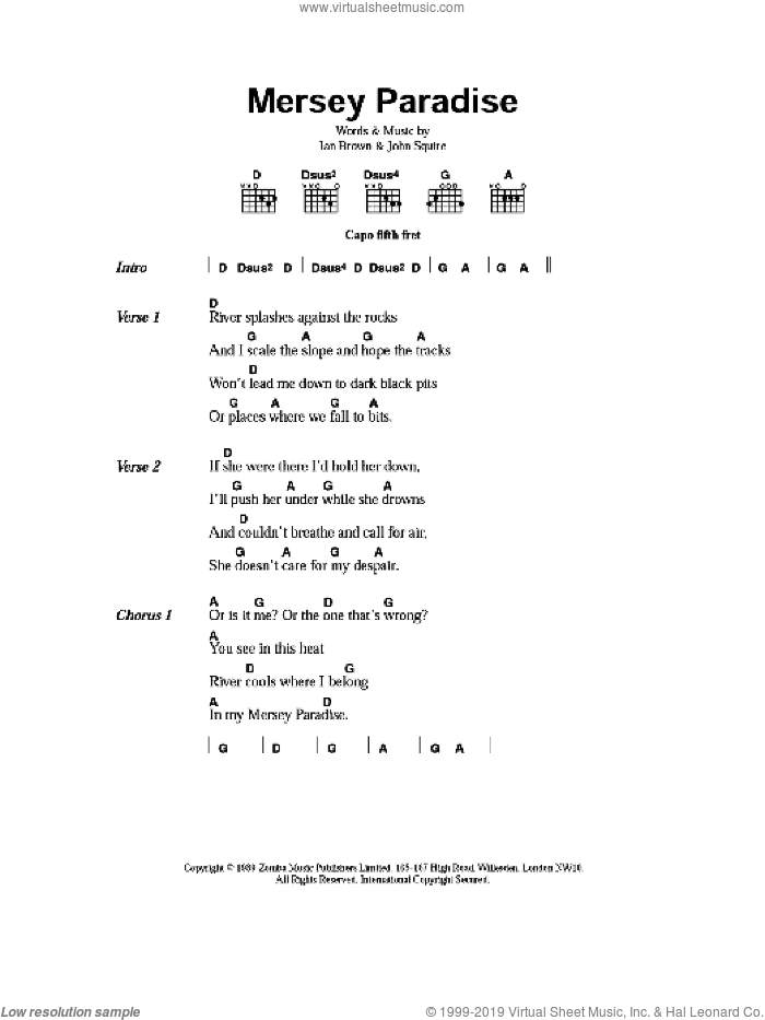 Mersey Paradise sheet music for guitar (chords) by The Stone Roses, Ian Brown and John Squire, intermediate skill level