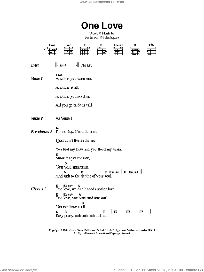 One Love sheet music for guitar (chords) by The Stone Roses, Ian Brown and John Squire, intermediate skill level