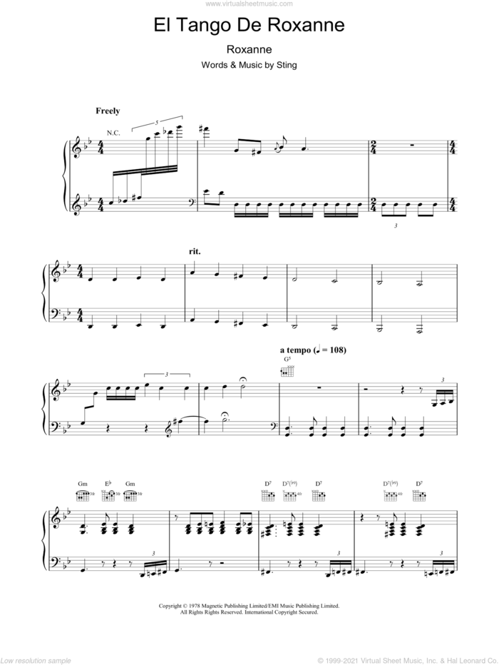 El Tango De Roxanne (from Moulin Rouge) sheet music for voice, piano or guitar by Sting, Ewan McGregor, Baz Luhrmann, Craig Pearce, Gordon Sumner and Mariano Mores, intermediate skill level