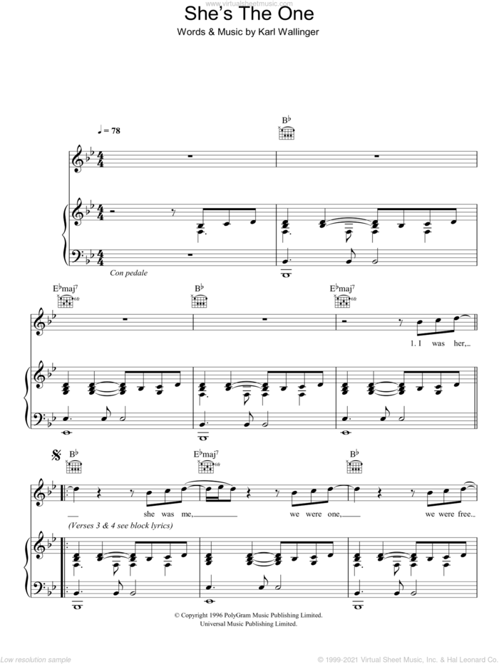 She's The One sheet music for voice, piano or guitar by World Party and Karl Wallinger, intermediate skill level