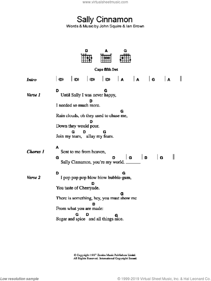 Sally Cinnamon sheet music for guitar (chords) by The Stone Roses, Ian Brown and John Squire, intermediate skill level