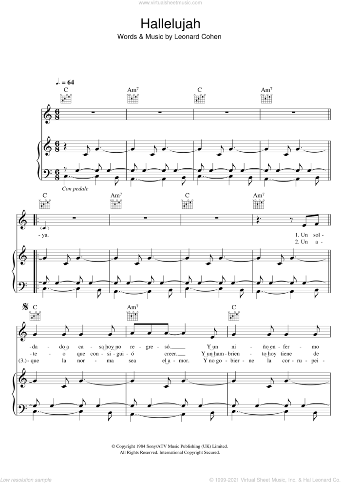 Hallelujah sheet music for voice, piano or guitar by Il Divo and Leonard Cohen, intermediate skill level