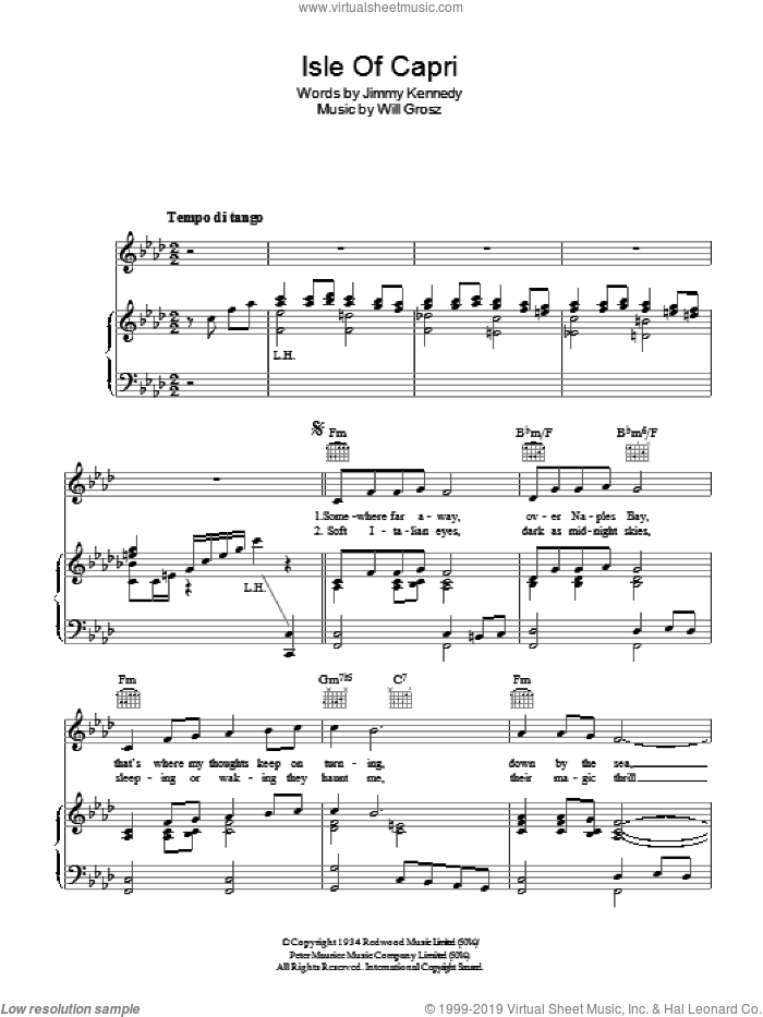 Isle Of Capri sheet music for voice, piano or guitar by Greta Keller, Jimmy Kennedy and Will Grosz, intermediate skill level