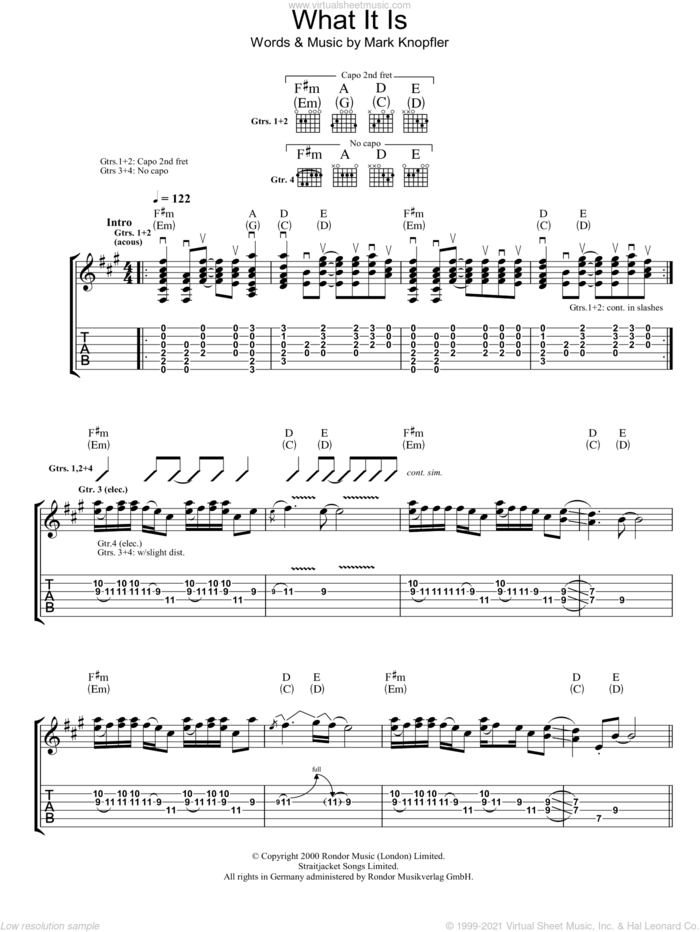 What It Is sheet music for guitar (tablature) by Mark Knopfler, intermediate skill level