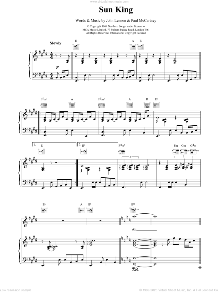 Sun King sheet music for voice, piano or guitar by The Beatles, intermediate skill level