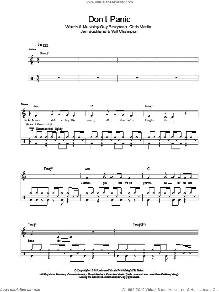 Don't Panic sheet music for drums (percussions) by Coldplay, Chris Martin, Guy Berryman, Jon Buckland and Will Champion, intermediate skill level