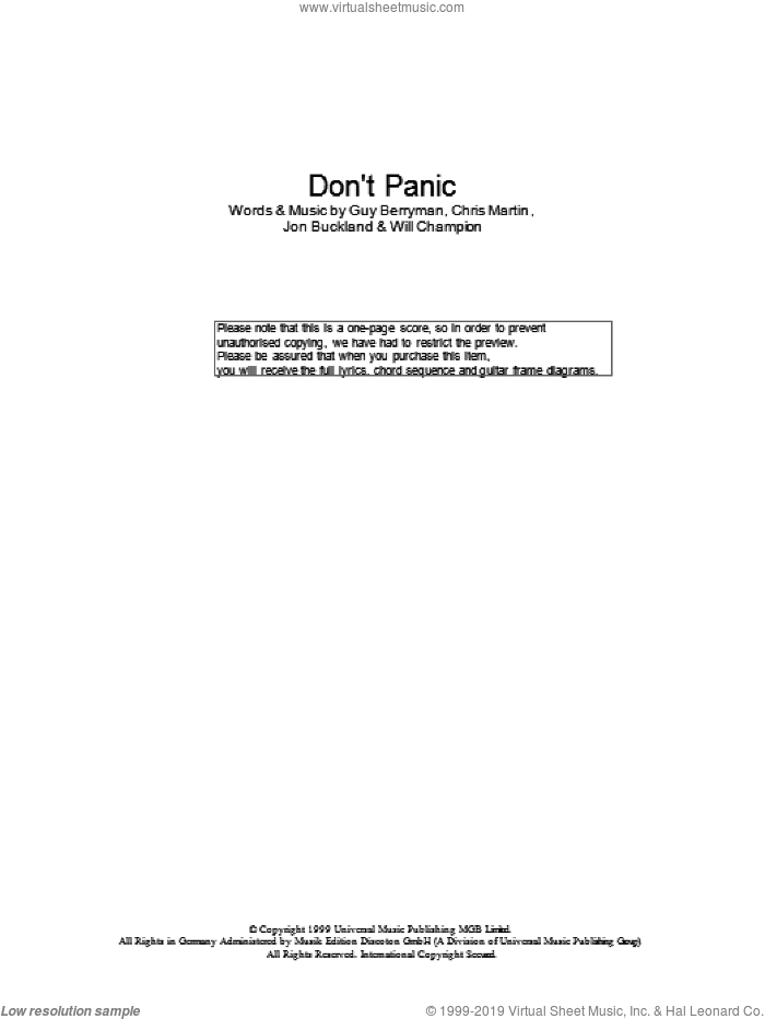Don't Panic sheet music for guitar (chords) by Coldplay, Chris Martin, Guy Berryman, Jon Buckland and Will Champion, intermediate skill level