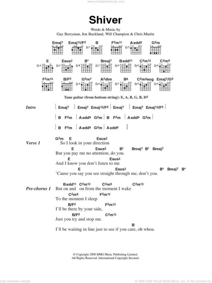 Shiver sheet music for guitar (chords) by Coldplay, Chris Martin, Guy Berryman, Jon Buckland and Will Champion, intermediate skill level