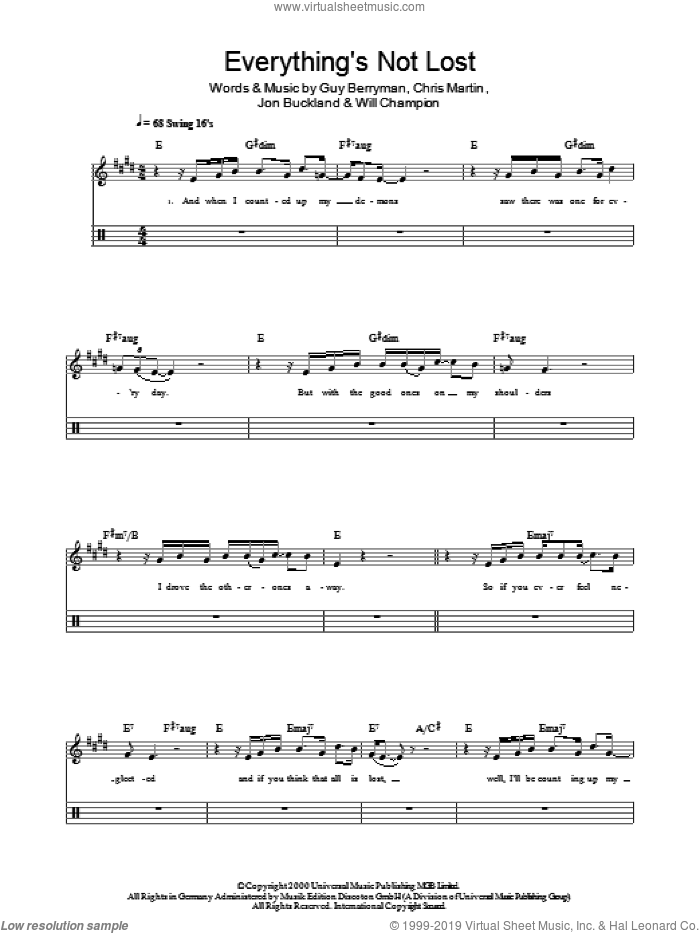 Everything's Not Lost sheet music for drums (percussions) by Coldplay, Chris Martin, Guy Berryman, Jon Buckland and Will Champion, intermediate skill level
