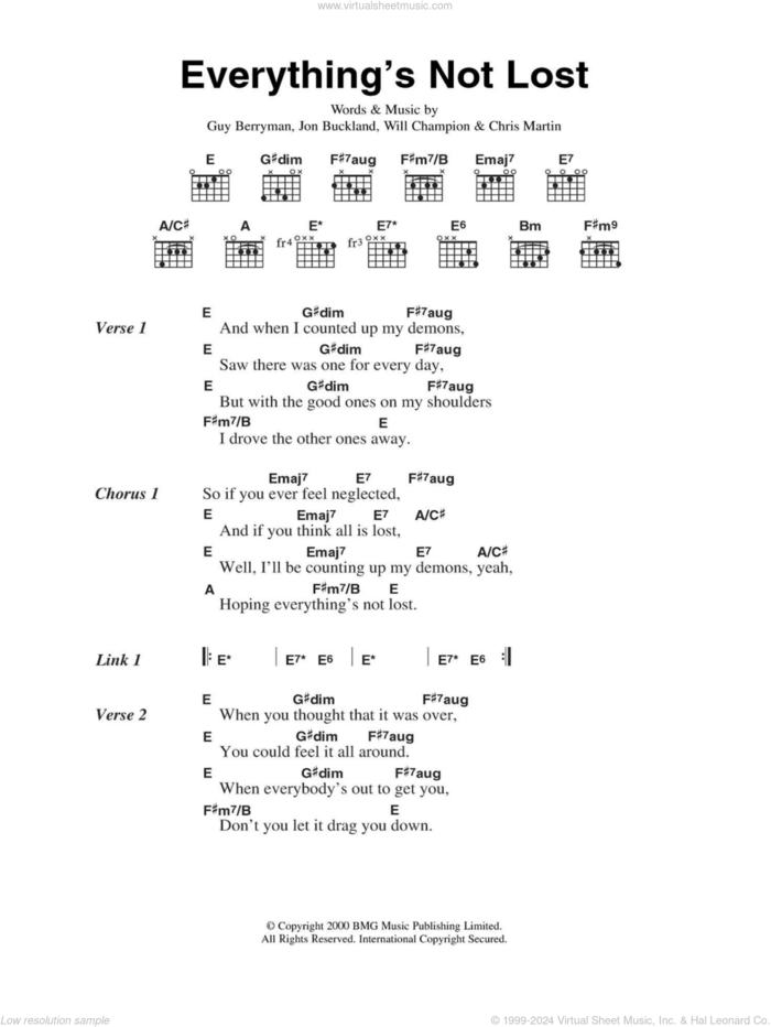 Everything's Not Lost sheet music for guitar (chords) by Coldplay, Chris Martin, Guy Berryman, Jon Buckland and Will Champion, intermediate skill level