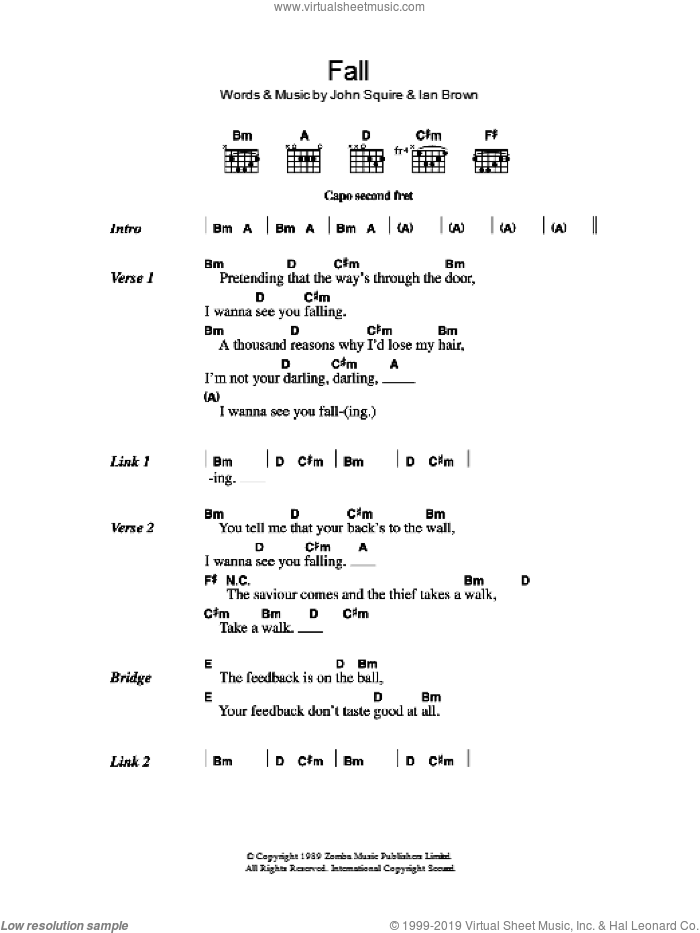 Fall sheet music for guitar (chords) by The Stone Roses, Ian Brown and John Squire, intermediate skill level