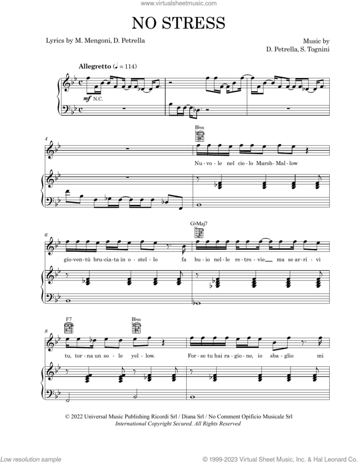 No Stress sheet music for voice, piano or guitar by Marco Mengoni, Davide Petrella and Stefano Tognini, intermediate skill level