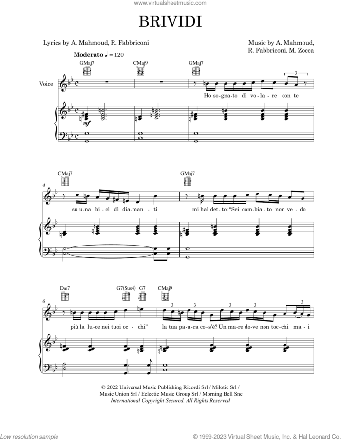 Brividi sheet music for voice, piano or guitar by Mahmood & BLANCO, Alessandro Mahmoud, Michele Zocca and Riccardo Fabbriconi, intermediate skill level