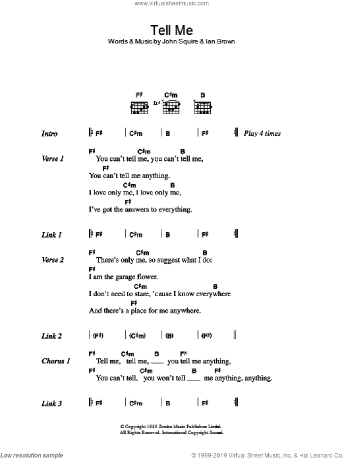 Tell Me sheet music for guitar (chords) by The Stone Roses, Ian Brown and John Squire, intermediate skill level