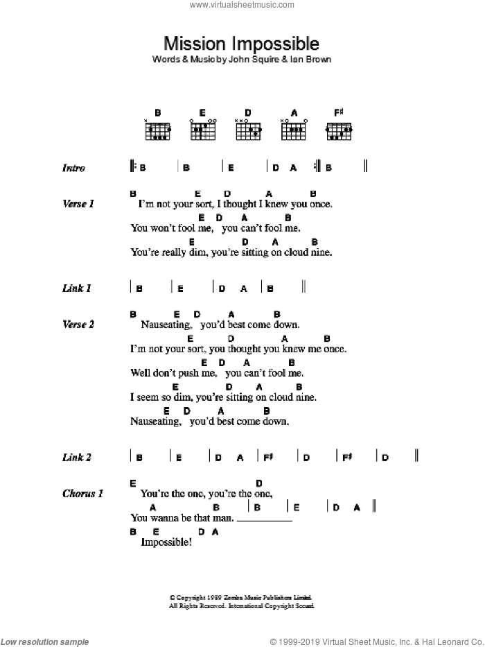 Mission Impossible sheet music for guitar (chords) by The Stone Roses, Ian Brown and John Squire, intermediate skill level
