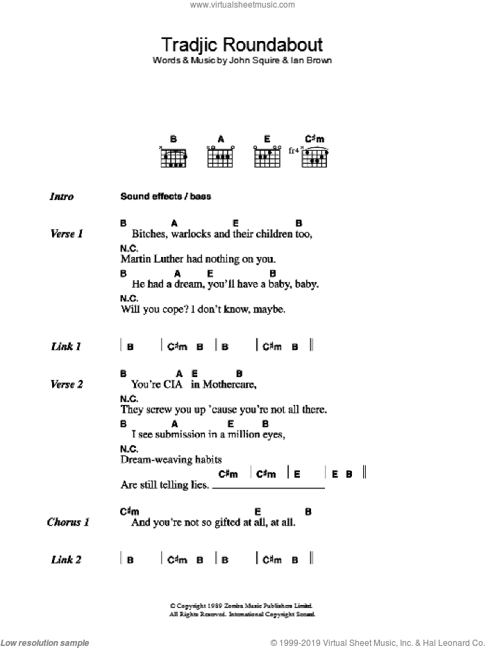 Tradjic Roundabout sheet music for guitar (chords) by The Stone Roses, Ian Brown and John Squire, intermediate skill level