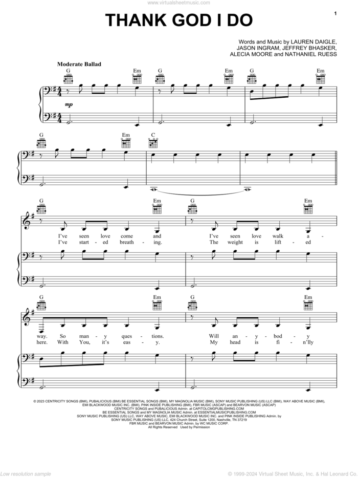 Thank God I Do sheet music for voice, piano or guitar by Lauren Daigle, Alecia Moore, Jason Ingram, Jeffrey Bhasker and Nathaniel Ruess, intermediate skill level