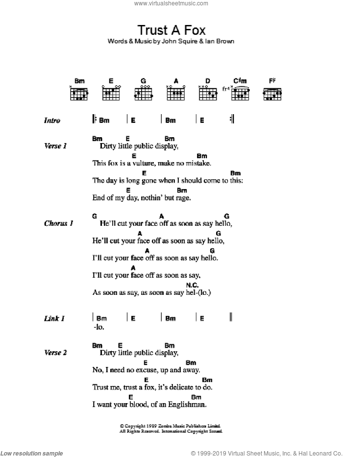 Trust A Fox sheet music for guitar (chords) by The Stone Roses, Ian Brown and John Squire, intermediate skill level