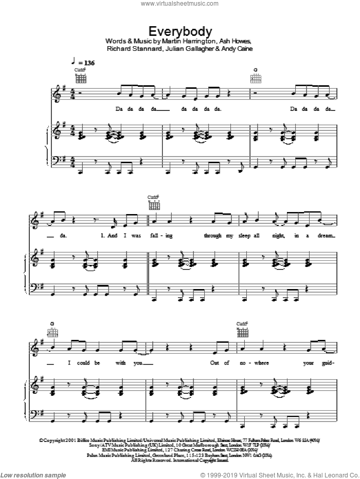 Everybody sheet music for voice, piano or guitar by Hear'Say, intermediate skill level