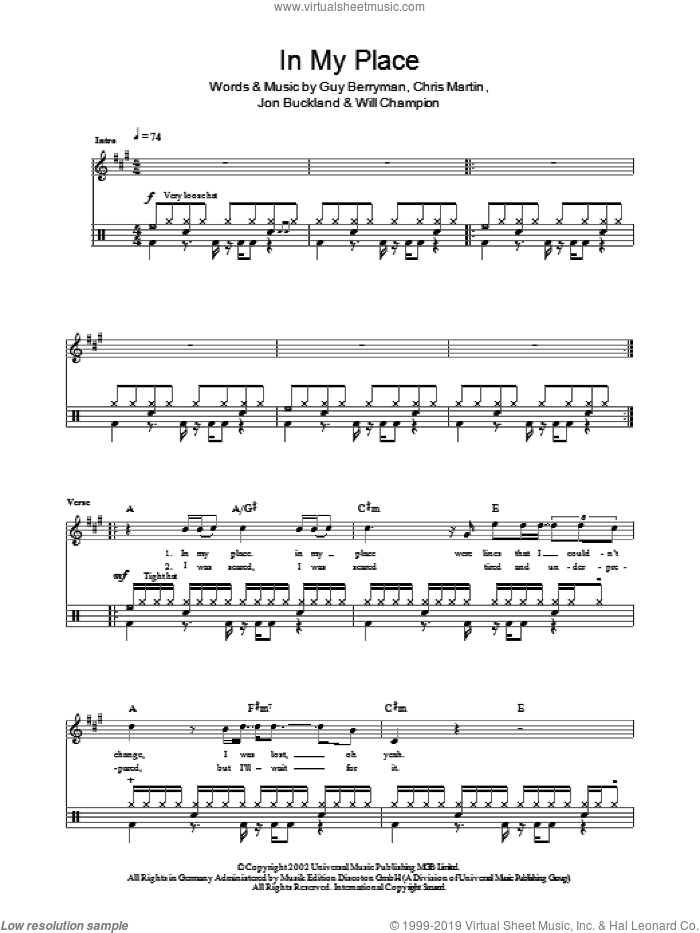 In My Place sheet music for drums (percussions) by Coldplay, Chris Martin, Guy Berryman, Jon Buckland and Will Champion, intermediate skill level