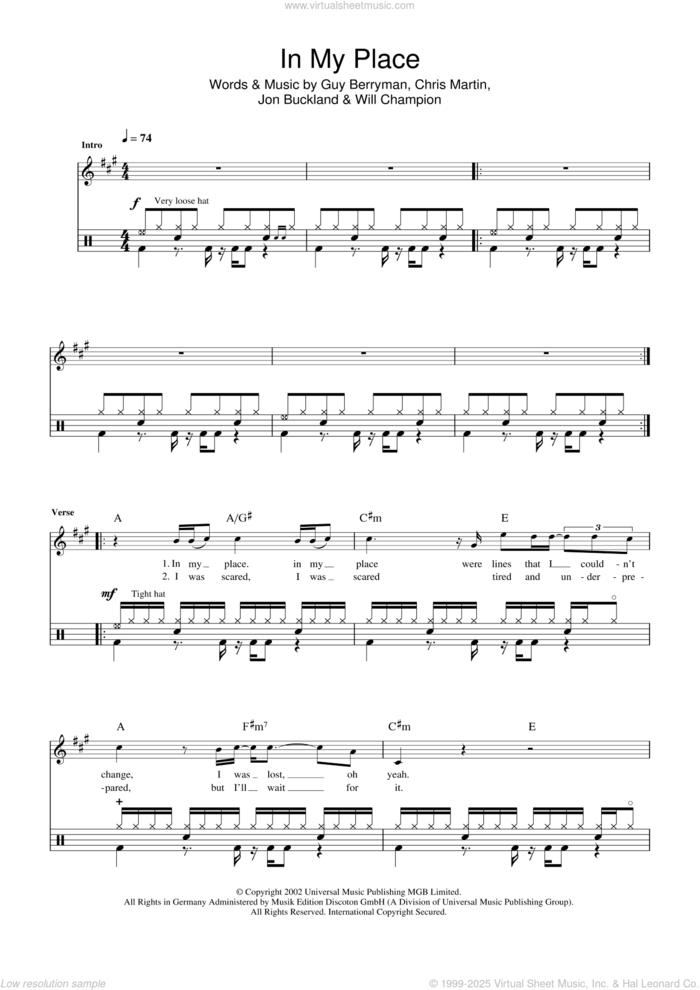 In My Place sheet music for drums (percussions) by Coldplay, Chris Martin, Guy Berryman, Jon Buckland and Will Champion, intermediate skill level