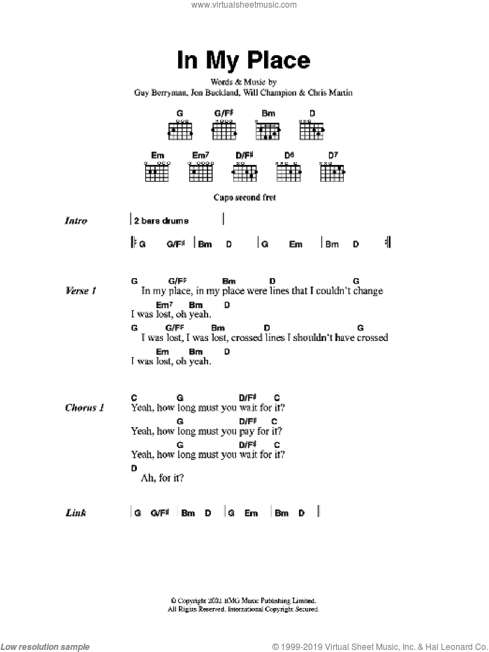 In My Place sheet music for guitar (chords) by Coldplay, Chris Martin, Guy Berryman, Jon Buckland and Will Champion, intermediate skill level