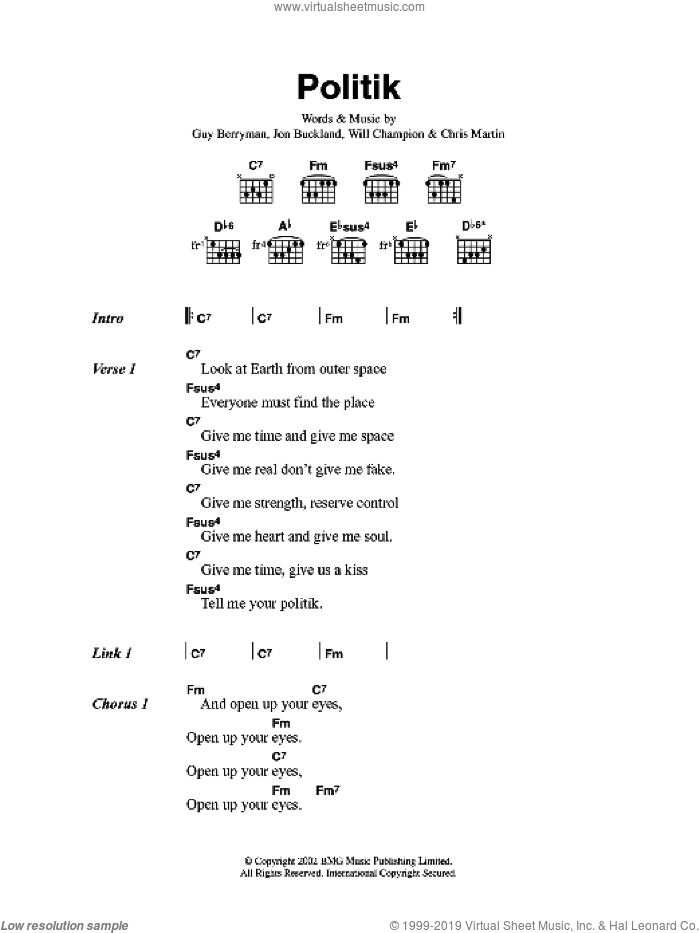 Politik sheet music for guitar (chords) by Coldplay, Chris Martin, Guy Berryman and Will Champion, intermediate skill level