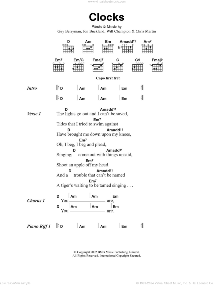 Clocks sheet music for guitar (chords) by Coldplay, Chris Martin, Guy Berryman, Jon Buckland and Will Champion, intermediate skill level