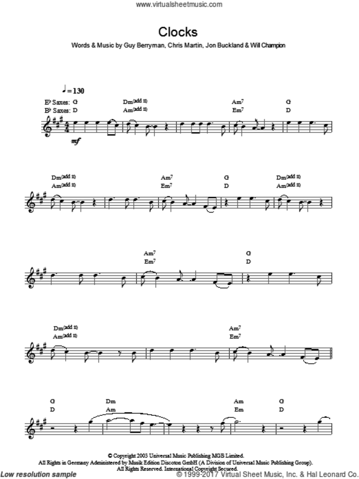 Clocks sheet music for voice and other instruments (fake book) by Coldplay, Chris Martin, Guy Berryman, Jon Buckland and Will Champion, intermediate skill level