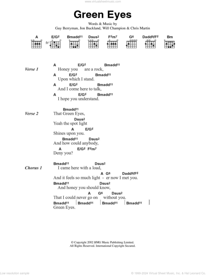 Green Eyes sheet music for guitar (chords) by Coldplay, Chris Martin, Guy Berryman, Jon Buckland and Will Champion, intermediate skill level