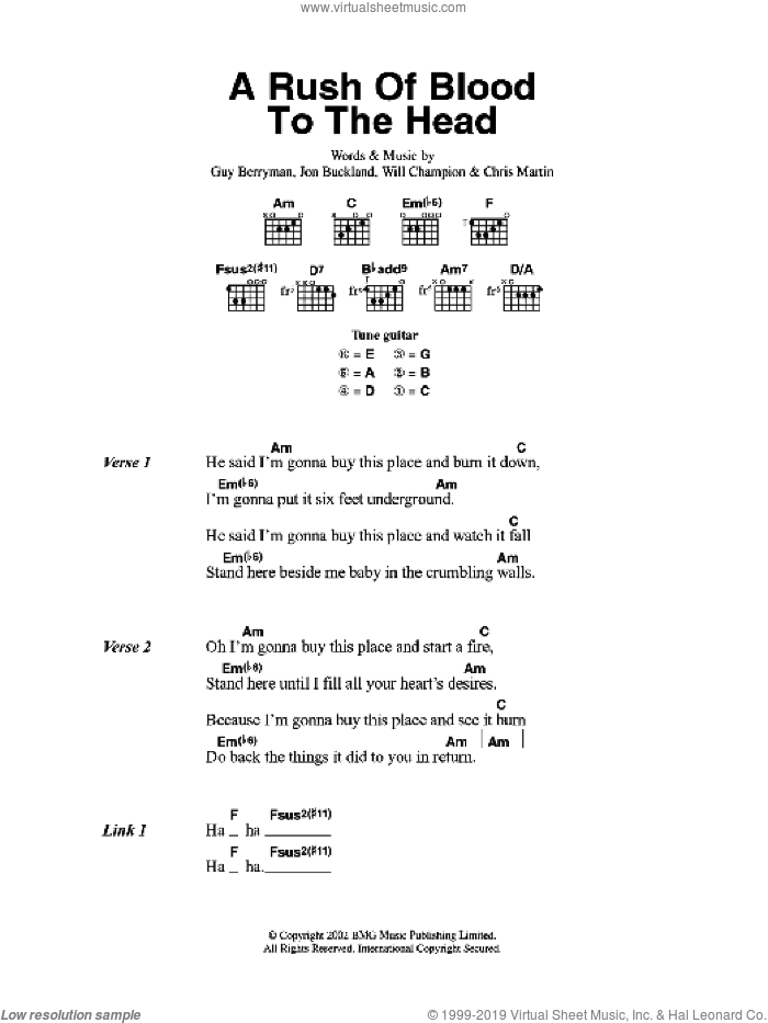 A Rush Of Blood To The Head sheet music for guitar (chords) by Coldplay, Chris Martin, Guy Berryman, Jon Buckland and Will Champion, intermediate skill level