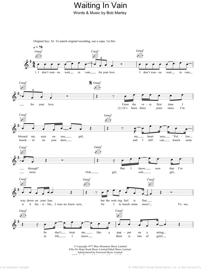 Waiting In Vain sheet music for voice and other instruments (fake book) by Bob Marley, intermediate skill level