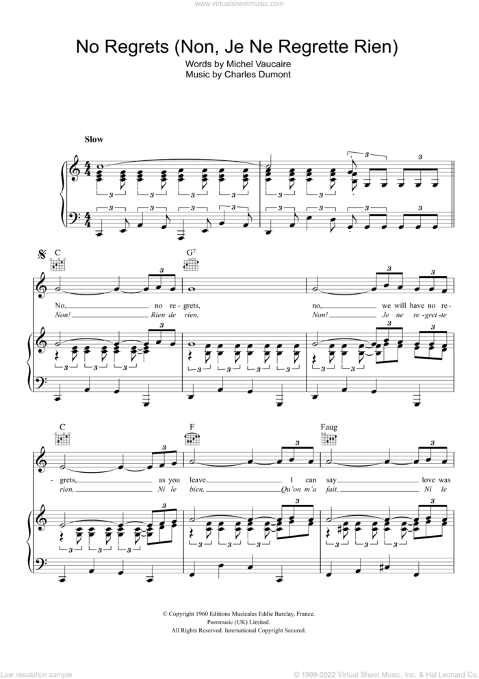 No Regrets (Non, Je Ne Regrette Rien) sheet music for voice, piano or guitar by Edith Piaf, Charles Dumont and Michel Vaucaire, intermediate skill level