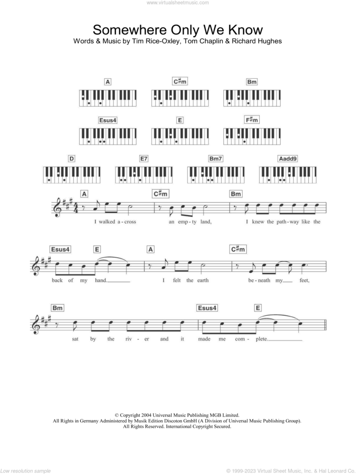 Somewhere Only We Know sheet music for piano solo (chords, lyrics, melody) by Tim Rice-Oxley, Richard Hughes and Tom Chaplin, intermediate piano (chords, lyrics, melody)