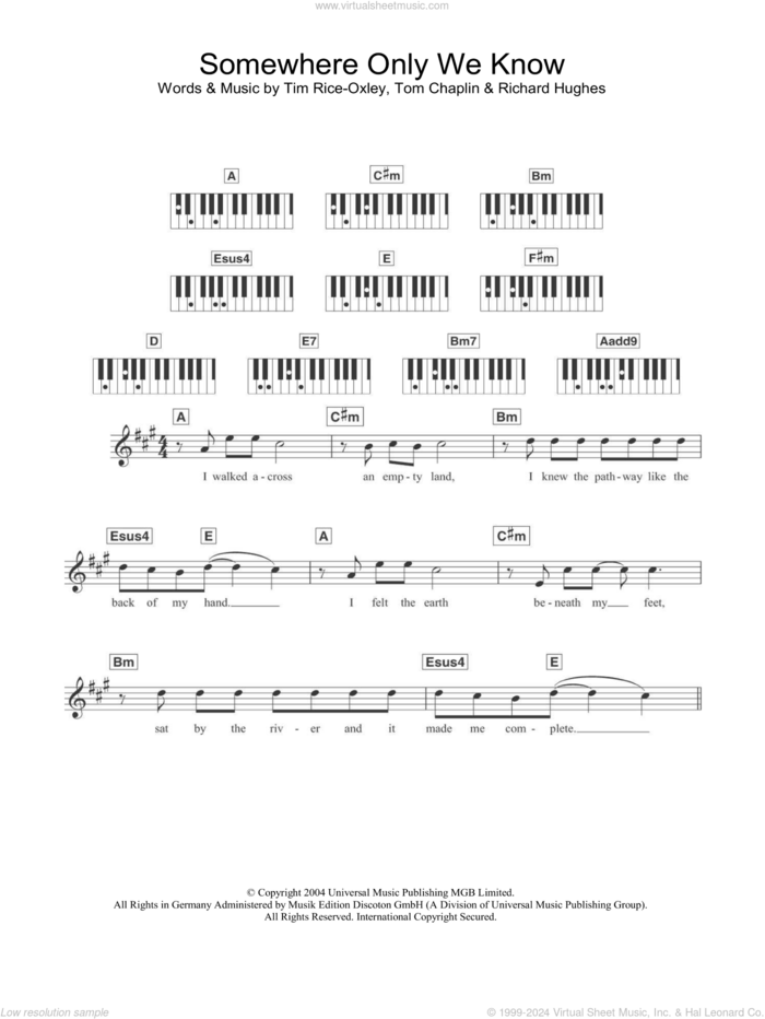 Somewhere Only We Know sheet music for piano solo (chords, lyrics, melody) by Tim Rice-Oxley, Richard Hughes and Tom Chaplin, intermediate piano (chords, lyrics, melody)