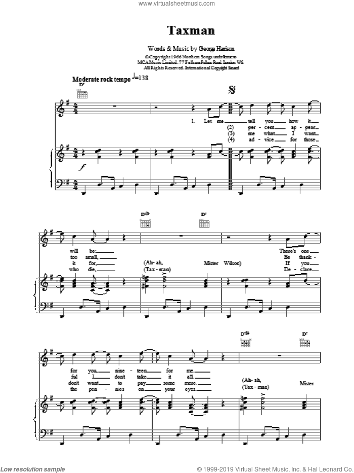 Taxman sheet music for voice, piano or guitar by The Beatles, intermediate skill level
