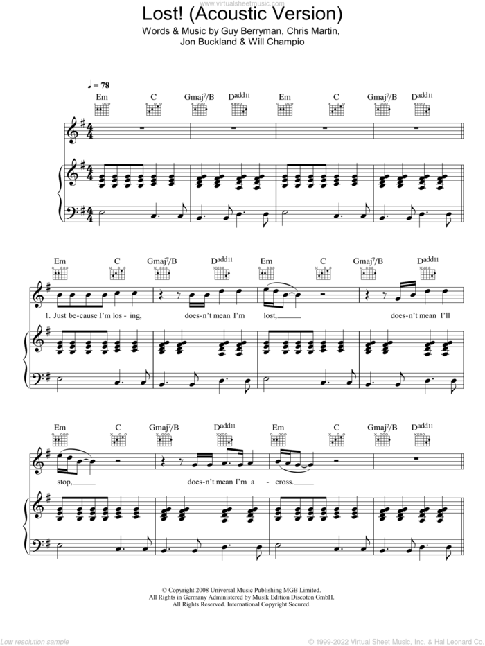 Lost! (Acoustic Version) sheet music for voice, piano or guitar by Coldplay, Chris Martin, Guy Berryman, Jon Buckland and Will Champion, intermediate skill level
